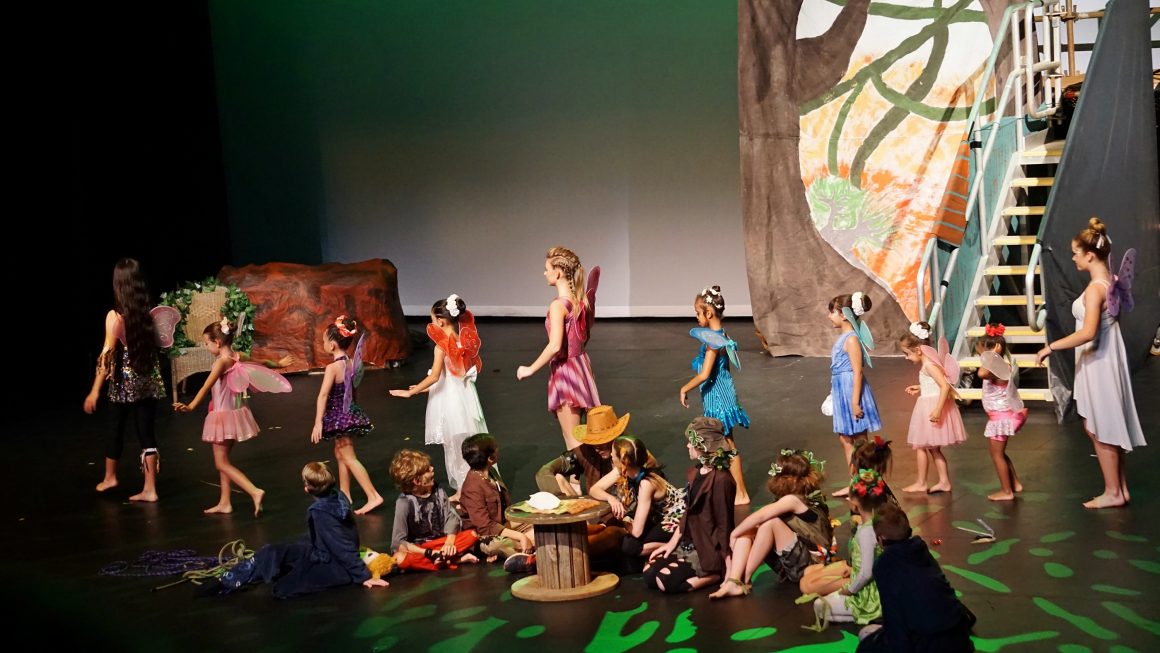 Children in fairy and lost boy costumes on stage